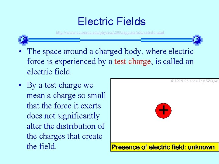 Electric Fields http: //www. colorado. edu/physics/2000/applets/nforcefield. html • The space around a charged body,
