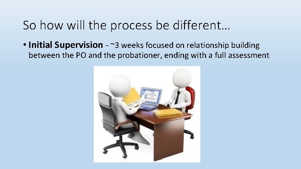 So how will the process be different… • Initial Supervision - ~3 weeks focused
