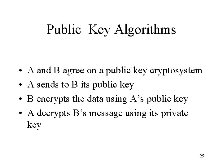 Public Key Algorithms • • A and B agree on a public key cryptosystem