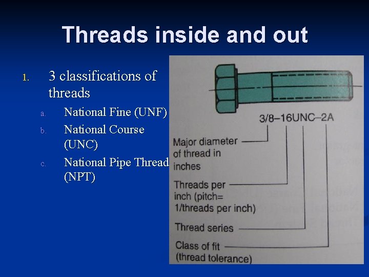 Threads inside and out 3 classifications of threads 1. a. b. c. National Fine