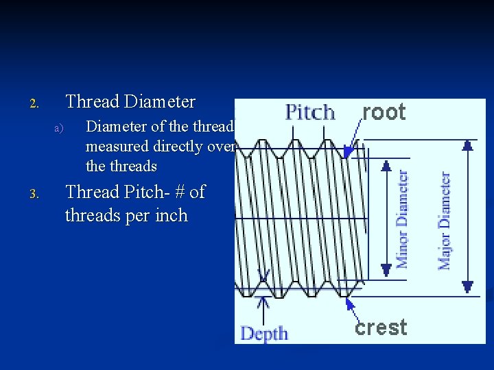 Thread Diameter 2. a) 3. Diameter of the thread measured directly over the threads