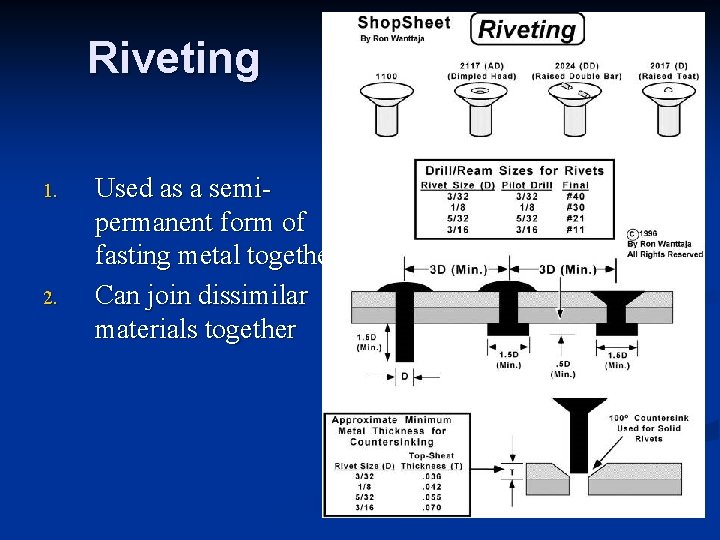 Riveting 1. 2. Used as a semipermanent form of fasting metal together Can join