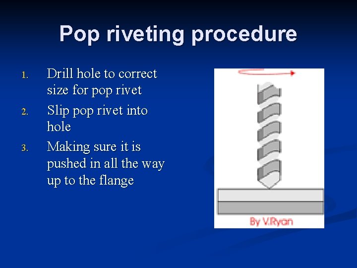 Pop riveting procedure 1. 2. 3. Drill hole to correct size for pop rivet