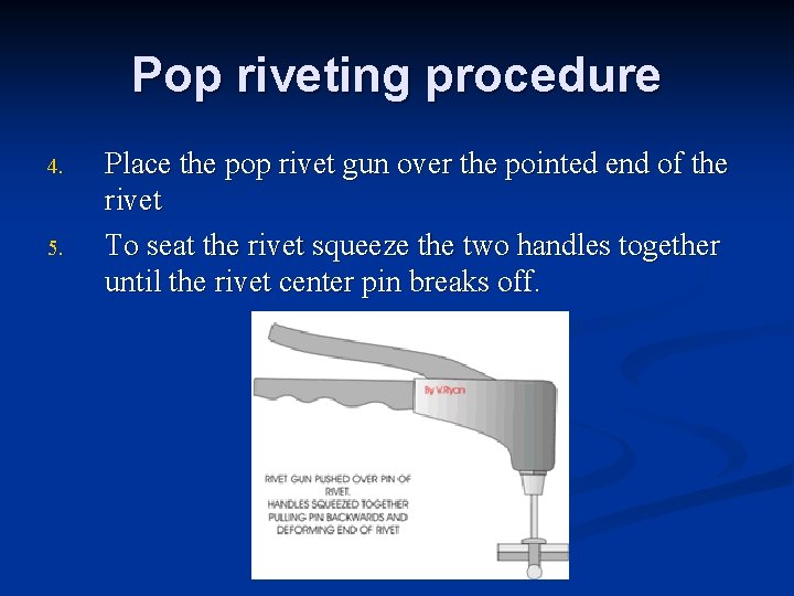 Pop riveting procedure 4. 5. Place the pop rivet gun over the pointed end