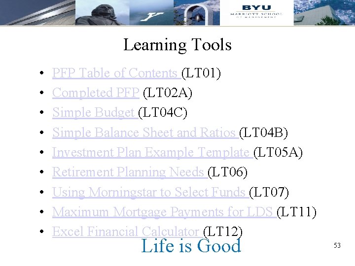 Learning Tools • • • PFP Table of Contents (LT 01) Completed PFP (LT