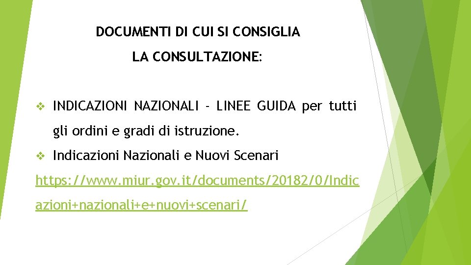 DOCUMENTI DI CUI SI CONSIGLIA LA CONSULTAZIONE: v INDICAZIONI NAZIONALI - LINEE GUIDA per