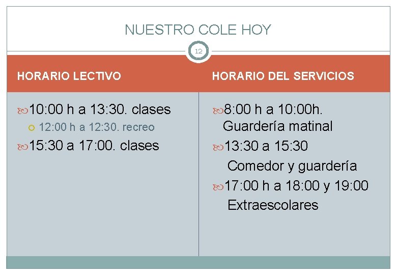 NUESTRO COLE HOY 12 HORARIO LECTIVO HORARIO DEL SERVICIOS 10: 00 h a 13: