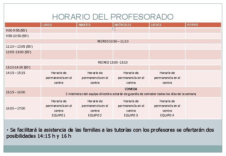 HORARIO DEL PROFESORADO LUNES MARTES MIÉRCOLES 15 9: 00 -9: 55 (55’) JUEVES VIERNES