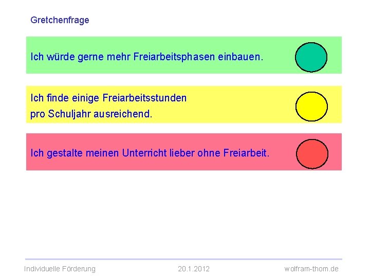 Gretchenfrage Ich würde gerne mehr Freiarbeitsphasen einbauen. Ich finde einige Freiarbeitsstunden pro Schuljahr ausreichend.