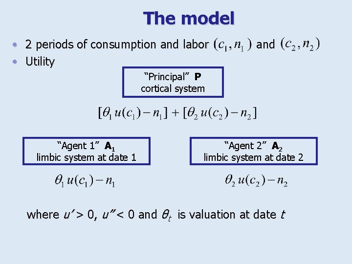 The model • 2 periods of consumption and labor • Utility and “Principal” P