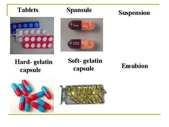 Tablets Hard- gelatin capsule Spansule Soft- gelatin capsule Suspension Emulsion 