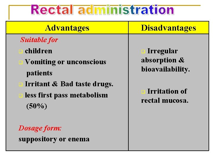 Advantages Suitable for q children q Vomiting or unconscious patients q Irritant & Bad