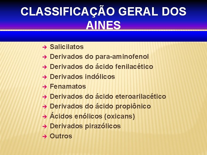 CLASSIFICAÇÃO GERAL DOS AINES è è è è è Salicilatos Derivados do para-aminofenol Derivados