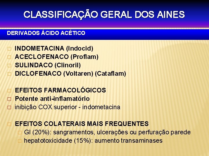 CLASSIFICAÇÃO GERAL DOS AINES DERIVADOS ÁCIDO ACÉTICO � � � � INDOMETACINA (Indocid) ACECLOFENACO