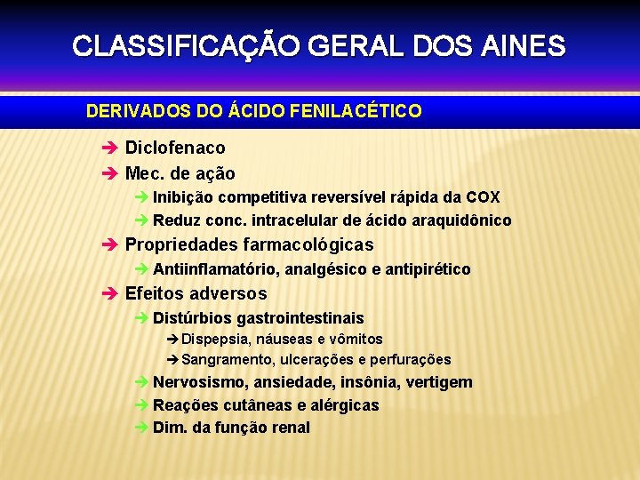 CLASSIFICAÇÃO GERAL DOS AINES DERIVADOS DO ÁCIDO FENILACÉTICO è Diclofenaco è Mec. de ação