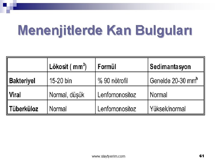 Menenjitlerde Kan Bulguları www. slaytyerim. com 61 