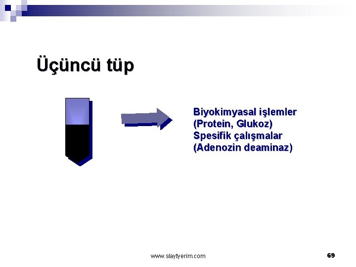 Üçüncü tüp Biyokimyasal işlemler (Protein, Glukoz) Spesifik çalışmalar (Adenozin deaminaz) www. slaytyerim. com 69