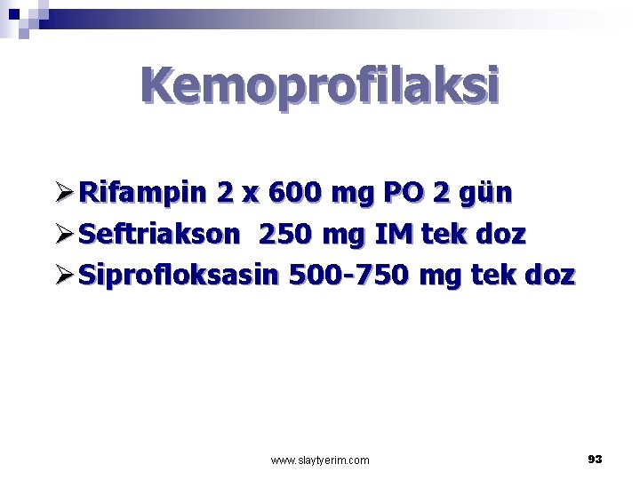 Kemoprofilaksi Ø Rifampin 2 x 600 mg PO 2 gün Ø Seftriakson 250 mg