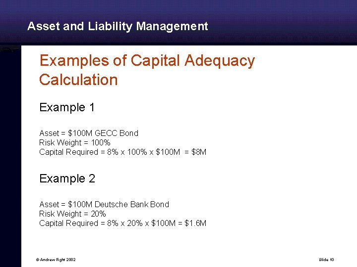 Asset and Liability Management Examples of Capital Adequacy Calculation Example 1 Asset = $100