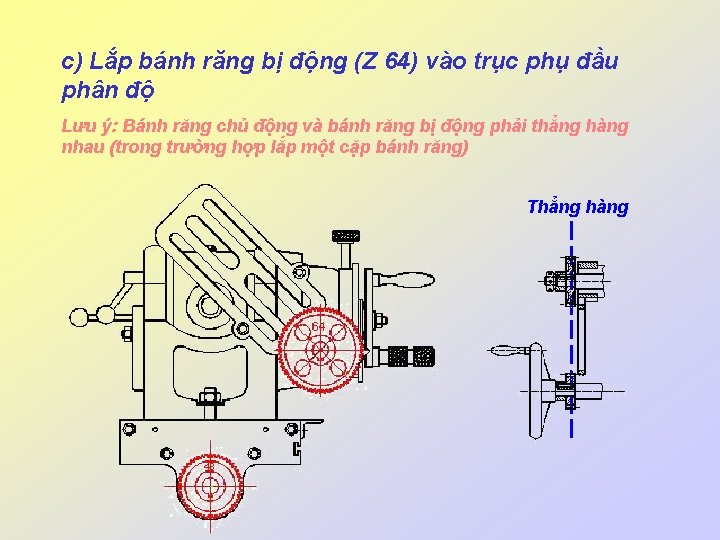 c) Lắp bánh răng bị động (Z 64) vào trục phụ đầu phân độ