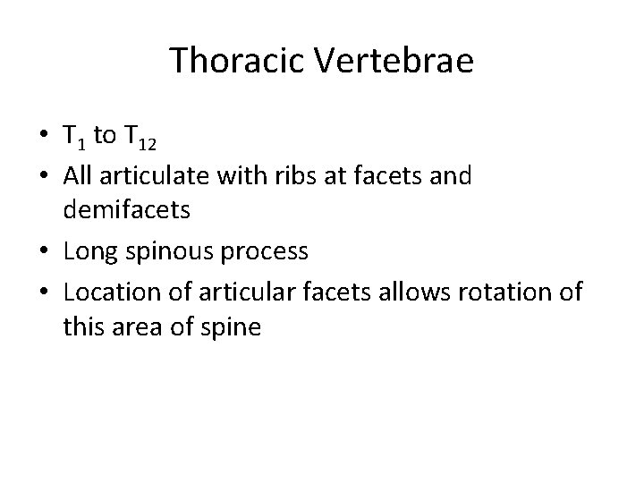 Thoracic Vertebrae • T 1 to T 12 • All articulate with ribs at