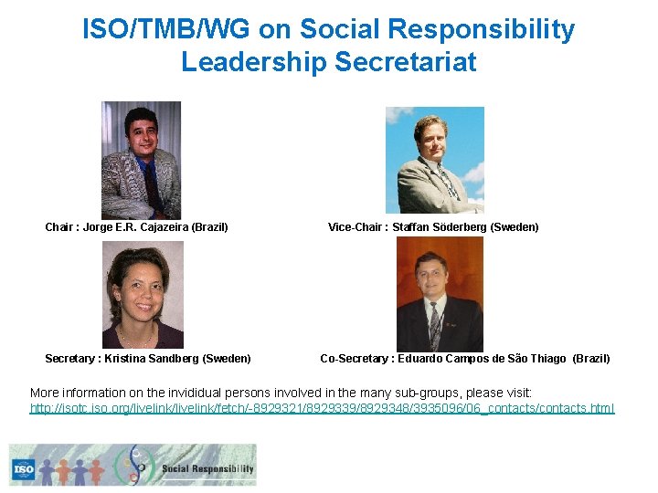 ISO/TMB/WG on Social Responsibility Leadership Secretariat Chair : Jorge E. R. Cajazeira (Brazil) Secretary