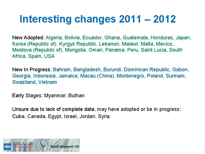 Interesting changes 2011 – 2012 New Adopted: Algeria, Bolivia, Ecuador, Ghana, Guatemala, Honduras, Japan,