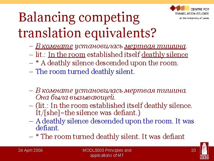 Balancing competing translation equivalents? – В комнате установилась мертвая тишина. – lit. : In