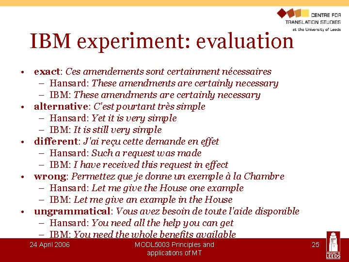 IBM experiment: evaluation • exact: Ces amendements sont certainment nécessaires – Hansard: These amendments