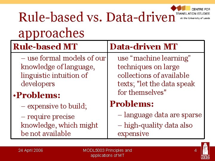 Rule-based vs. Data-driven approaches Rule-based MT Data-driven MT – use formal models of our