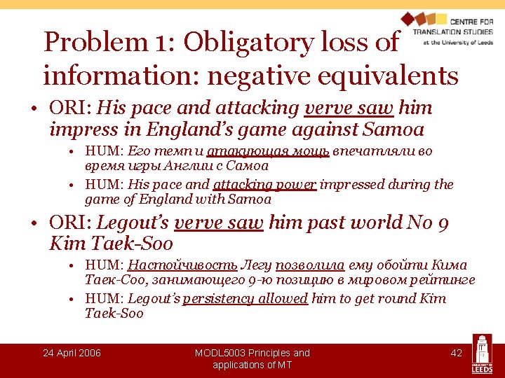 Problem 1: Obligatory loss of information: negative equivalents • ORI: His pace and attacking