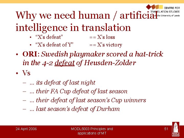 Why we need human / artificial intelligence in translation • “X’s defeat” • “X’s