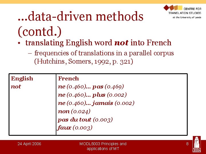 …data-driven methods (contd. ) • translating English word not into French – frequencies of