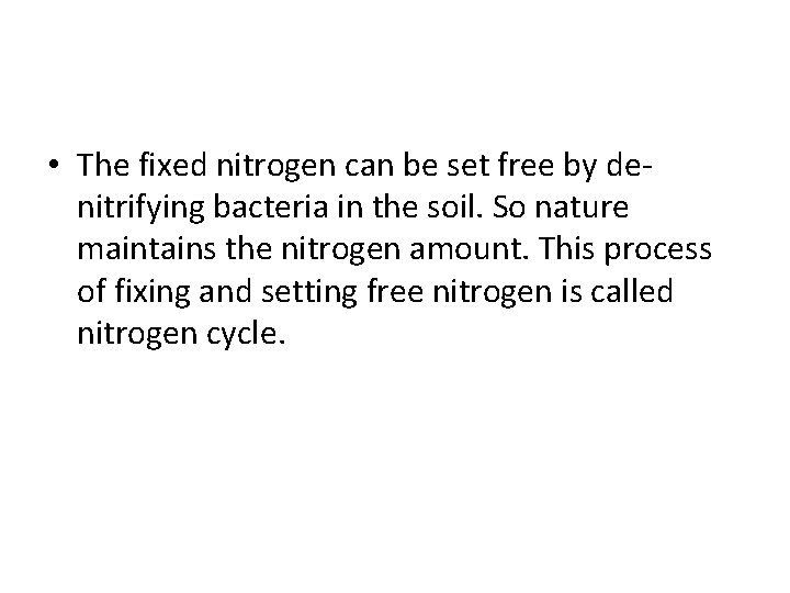  • The fixed nitrogen can be set free by denitrifying bacteria in the