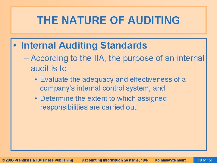 THE NATURE OF AUDITING • Internal Auditing Standards – According to the IIA, the