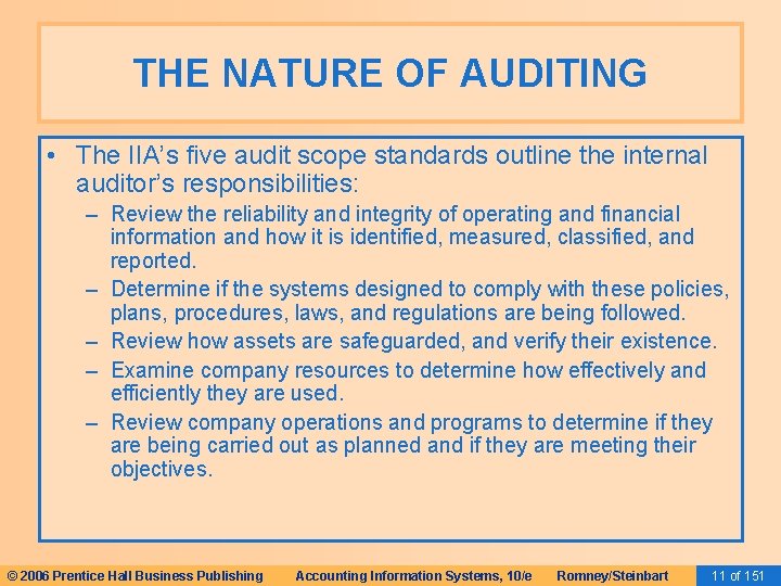 THE NATURE OF AUDITING • The IIA’s five audit scope standards outline the internal