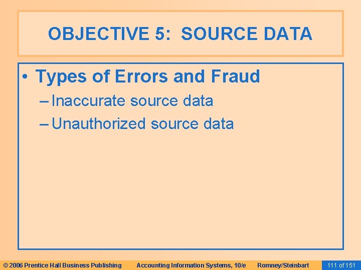OBJECTIVE 5: SOURCE DATA • Types of Errors and Fraud – Inaccurate source data