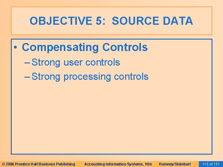 OBJECTIVE 5: SOURCE DATA • Compensating Controls – Strong user controls – Strong processing