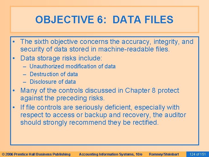 OBJECTIVE 6: DATA FILES • The sixth objective concerns the accuracy, integrity, and security