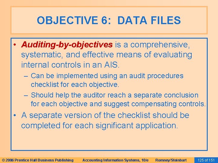 OBJECTIVE 6: DATA FILES • Auditing-by-objectives is a comprehensive, systematic, and effective means of