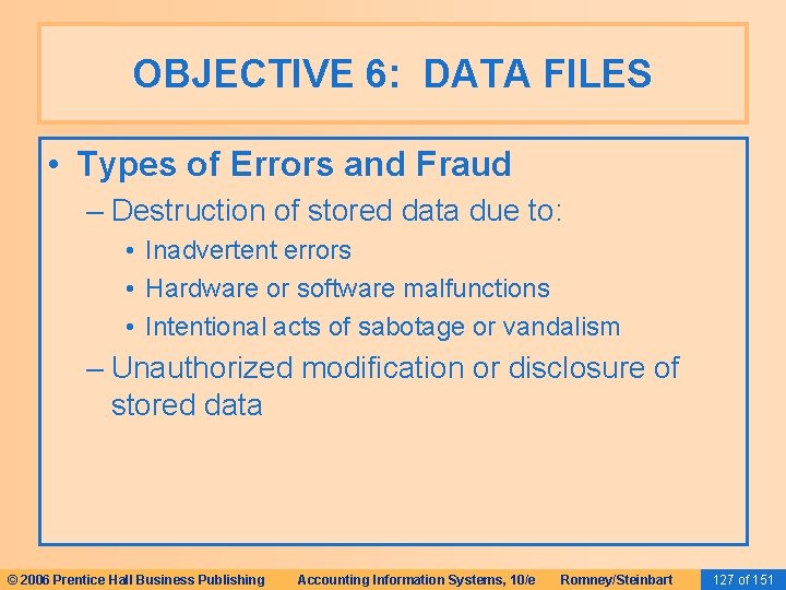 OBJECTIVE 6: DATA FILES • Types of Errors and Fraud – Destruction of stored