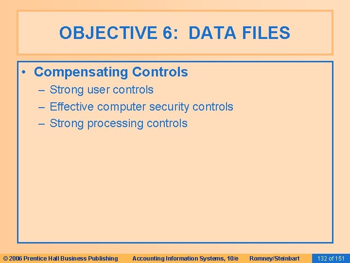 OBJECTIVE 6: DATA FILES • Compensating Controls – Strong user controls – Effective computer