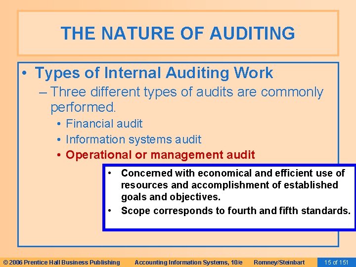THE NATURE OF AUDITING • Types of Internal Auditing Work – Three different types