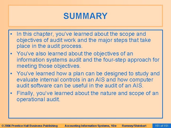 SUMMARY • In this chapter, you’ve learned about the scope and objectives of audit