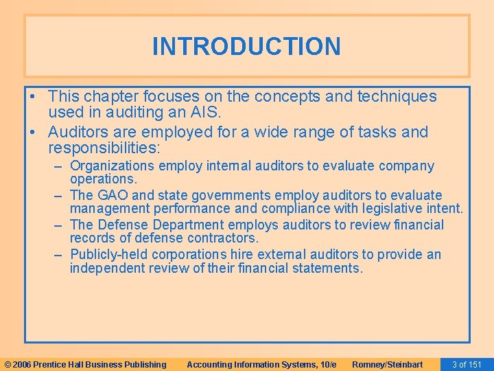 INTRODUCTION • This chapter focuses on the concepts and techniques used in auditing an