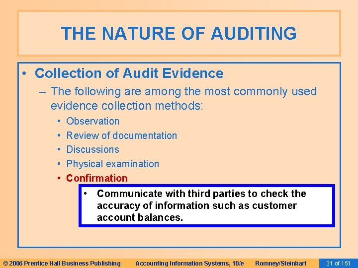 THE NATURE OF AUDITING • Collection of Audit Evidence – The following are among