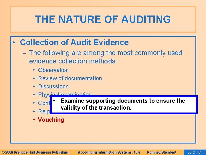 THE NATURE OF AUDITING • Collection of Audit Evidence – The following are among