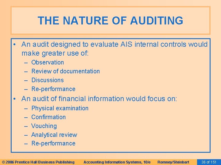 THE NATURE OF AUDITING • An audit designed to evaluate AIS internal controls would