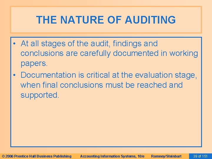 THE NATURE OF AUDITING • At all stages of the audit, findings and conclusions