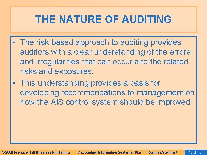 THE NATURE OF AUDITING • The risk-based approach to auditing provides auditors with a